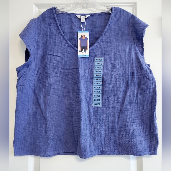 Three Dots Blue Blouse With Cap Sleeves size Large - Picture 1 of 8